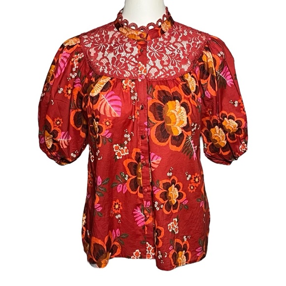 Farm Rio Red Size Small Blouse Short Puff Sleeves Floral Top Lace Trim - Picture 1 of 7